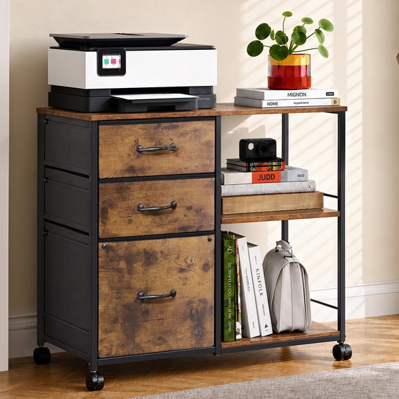 GALAXHERO 3 Drawer File Cabinet, Rolling Fabric Lateral Filing Cabinet with Storage & Side Shelf for Home Office, Rustic Brown
