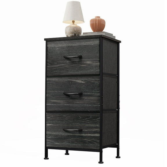 GALAXHERO 3 Drawer Nightstand, Fabric Storage Dresser & Organizer Unit for Bedroom, Hallway, Entryway & Closets, Steel Frame with Wood Top, Charcoal Black Wood Grain Print