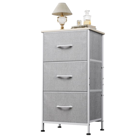 GALAXHERO 3 Drawer Nightstand, Fabric Storage Dresser Sturdy Steel Frame with Wood Top, Light Grey
