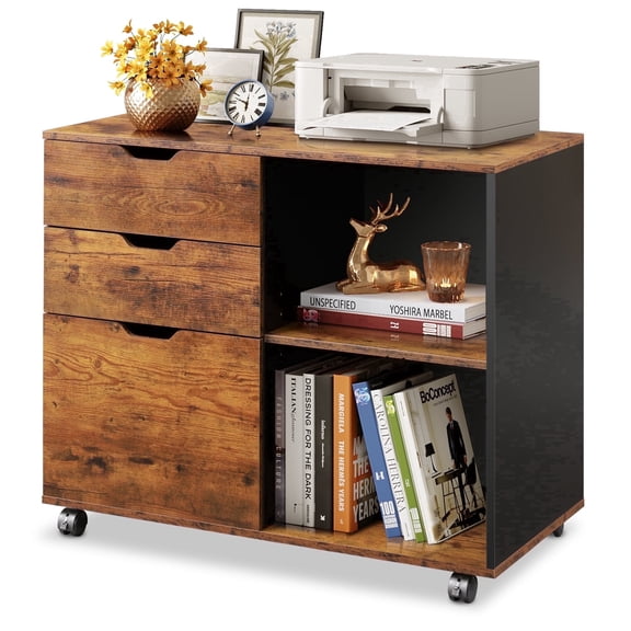 GALAXHERO 3 Drawer File Cabinet, Mobile Printer Stand with Storage Shelves, Wood Lateral Filing Cabinet, Office Storage Cabinet for Home Office, Rustic Brown
