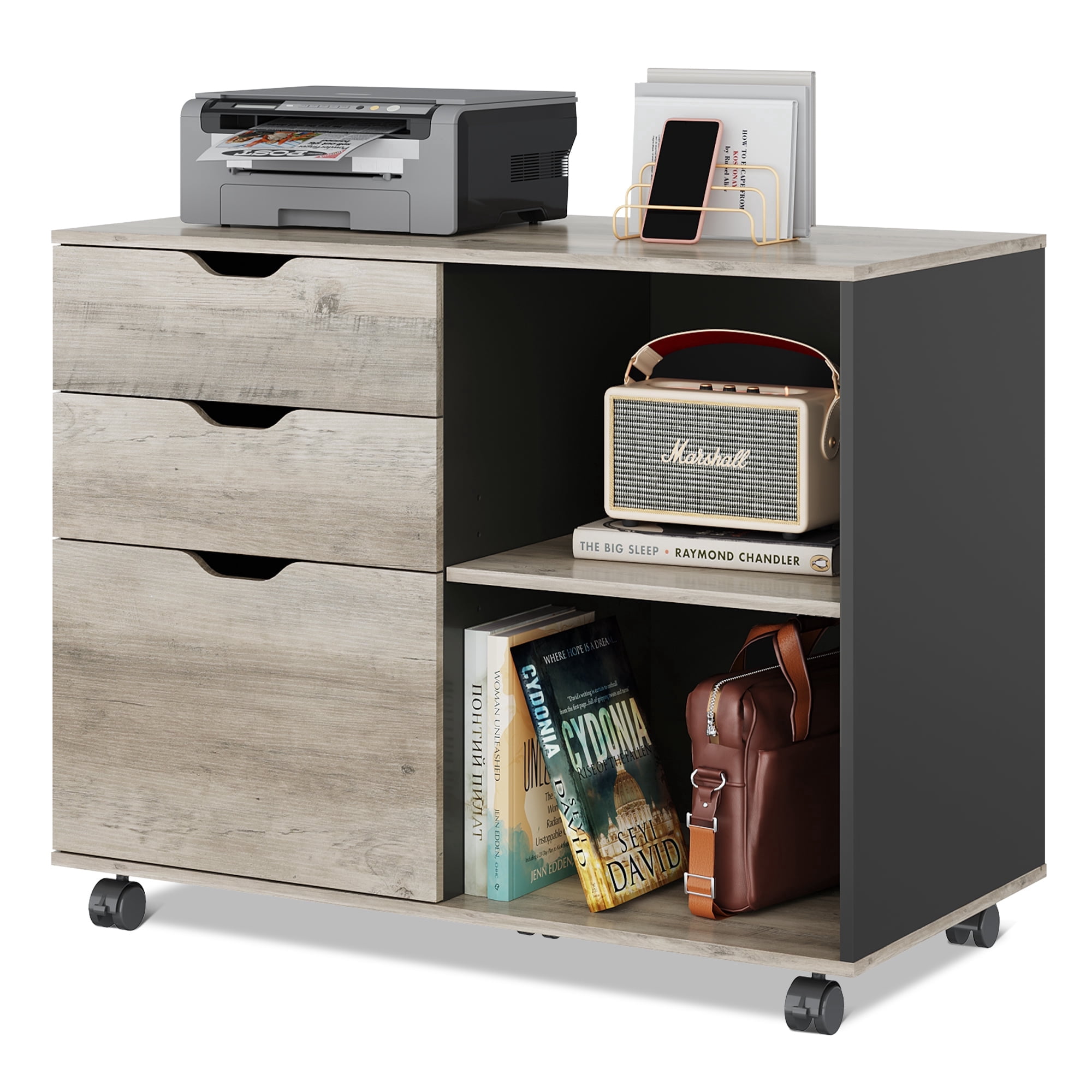 GALAXHERO 3 Drawer File Cabinet, Mobile Printer Stand with Storage Shelves, Wood Lateral Filing Cabinet, Office Storage Cabinet for Home Office, Greige