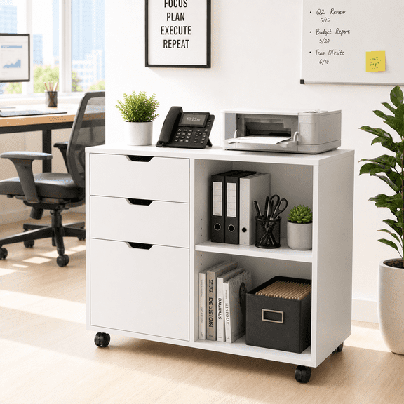 GALAXHERO 3 Drawer File Cabinet, Mobile Printer Stand with Storage Shelves, Wood Lateral Filing Cabinet, Office Storage Cabinet for Home Office, White