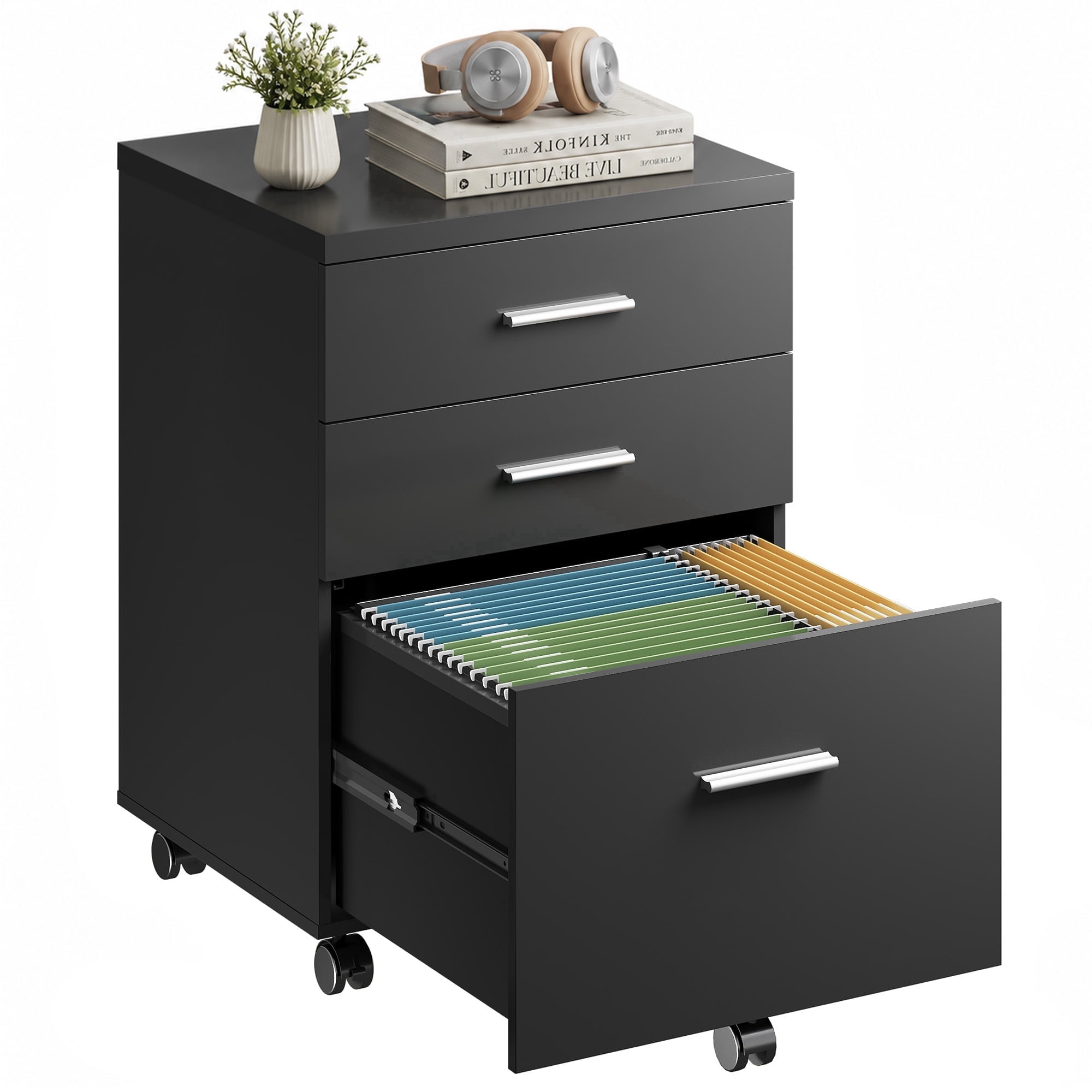 GALAXHERO Wood Rolling File Cabinet with 3 Drawers(Widen), Portable Vertical Mobile Wooden Storage Filing Cabinet, for Home Office, Black