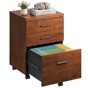 GALAXHERO Wood Rolling File Cabinet with 3 Drawers(Widen), Portable Vertical Mobile Wooden Storage Filing Cabinet, for Home Office, Walnut