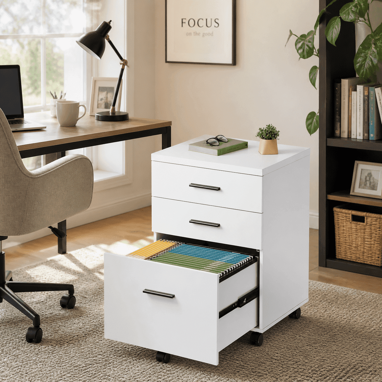 GALAXHERO Wood Rolling File Cabinet with 3 Drawers(Widen), Portable Vertical Mobile Wooden Storage Filing Cabinet, for Home Office, White