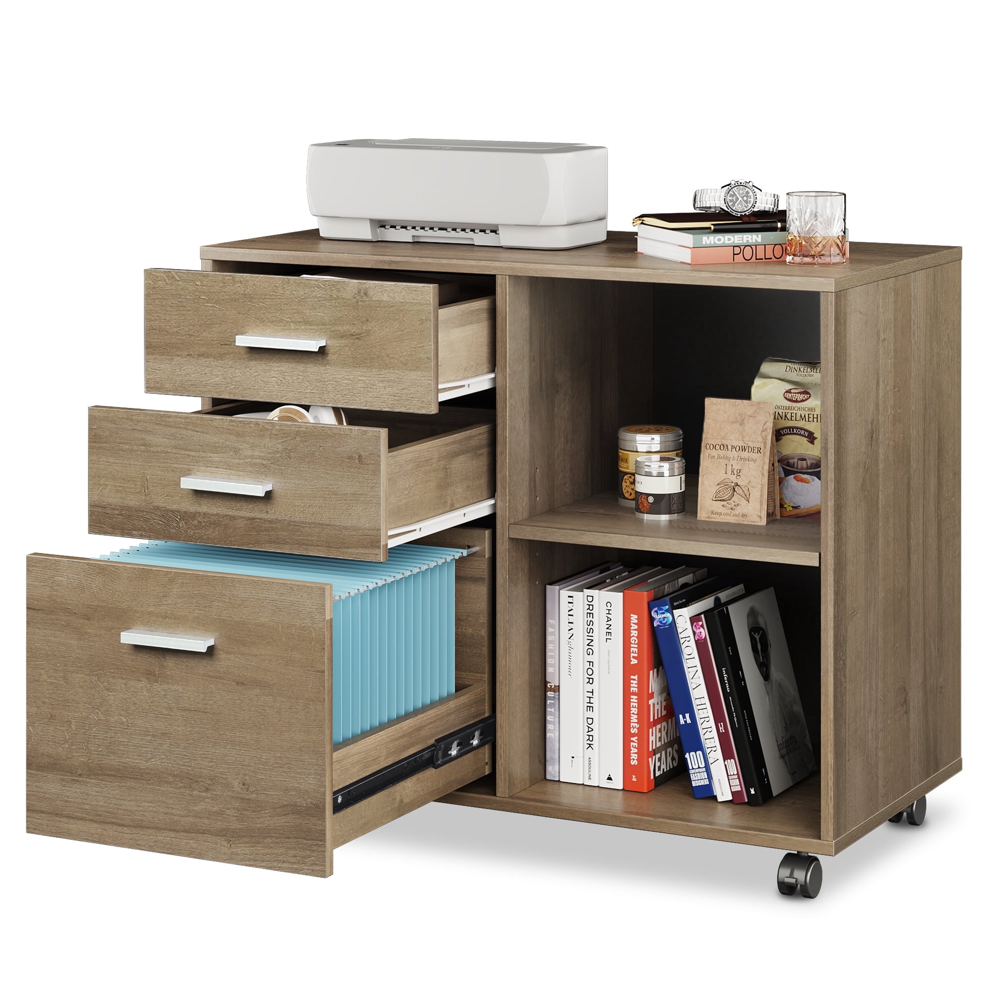 GALAXHERO 3-Drawer Wood File Cabinet, Mobile Lateral Filing Cabinet with Printer Stand and Open Shelves for Home Office, Gray Oak