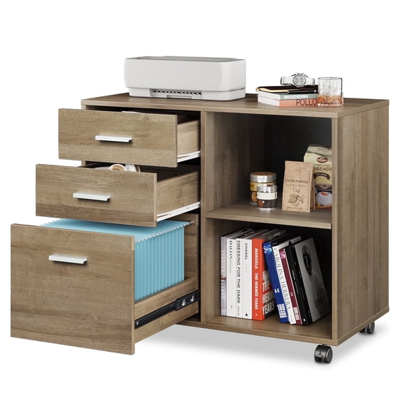 GALAXHERO 3 Drawer File Cabinet, Mobile Lateral Office Cabinet with Printer Stand & Open Shelves for Home Office, Gray Oak