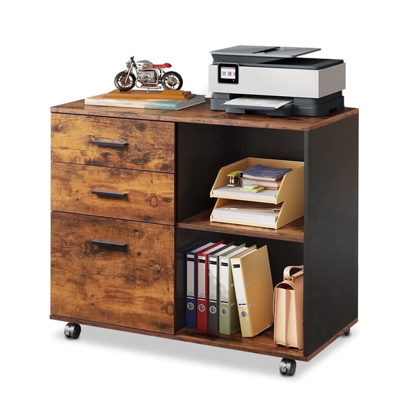 GALAXHERO 3-Drawer Wood Mobile File Cabinet, Lateral Filing Cabinet with Printer Stand and Open Storage Shelves for Home Office, Rustic Brown