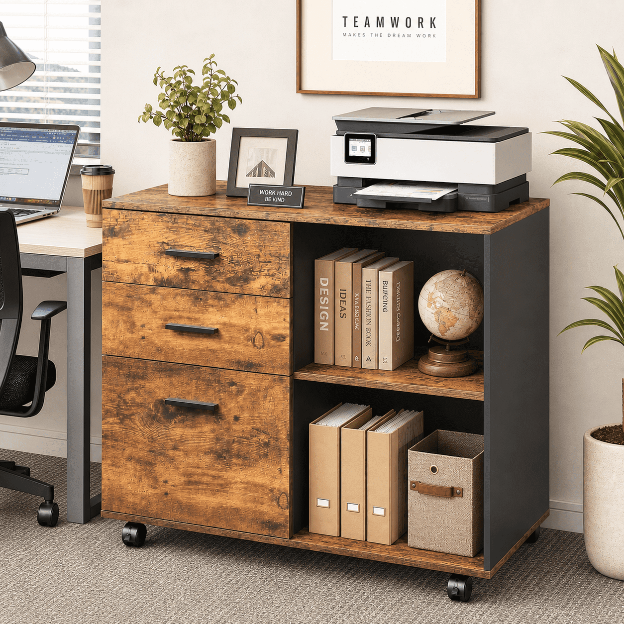 GALAXHERO 3-Drawer Filing Cabinet, Mobile Lateral File Cabinet, Printer Stand with Open Shelves, Wood Office Cabinet, Rustic Brown