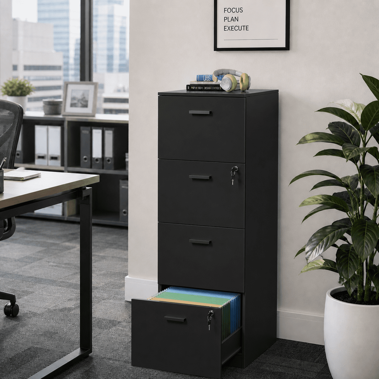 GALAXHERO 4 Drawer File Cabinet, Vertical Filing Cabinet with Lock and Key, Wood Storage Organizer for Home Office, Fit Letter/A4, Black