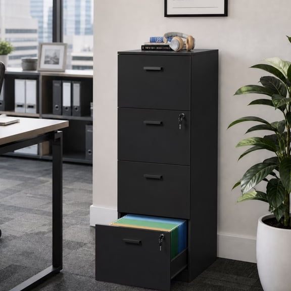 GALAXHERO 4 Drawer File Cabinet, Vertical Filing Cabinet with Lock and Key, Wood Storage Organizer for Home Office, Fit Letter/A4, Black