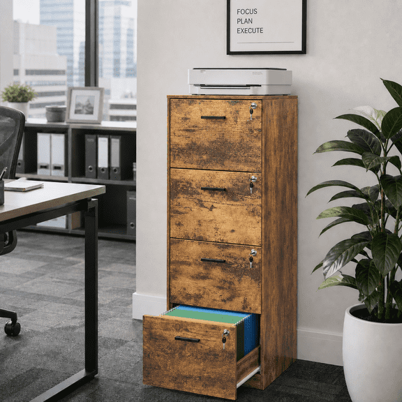 GALAXHERO 4 Drawer File Cabinet, Vertical Filing Cabinet with Lock and Key, Wood Storage Organizer for Home Office, Fit Letter/A4, Rustic Brown