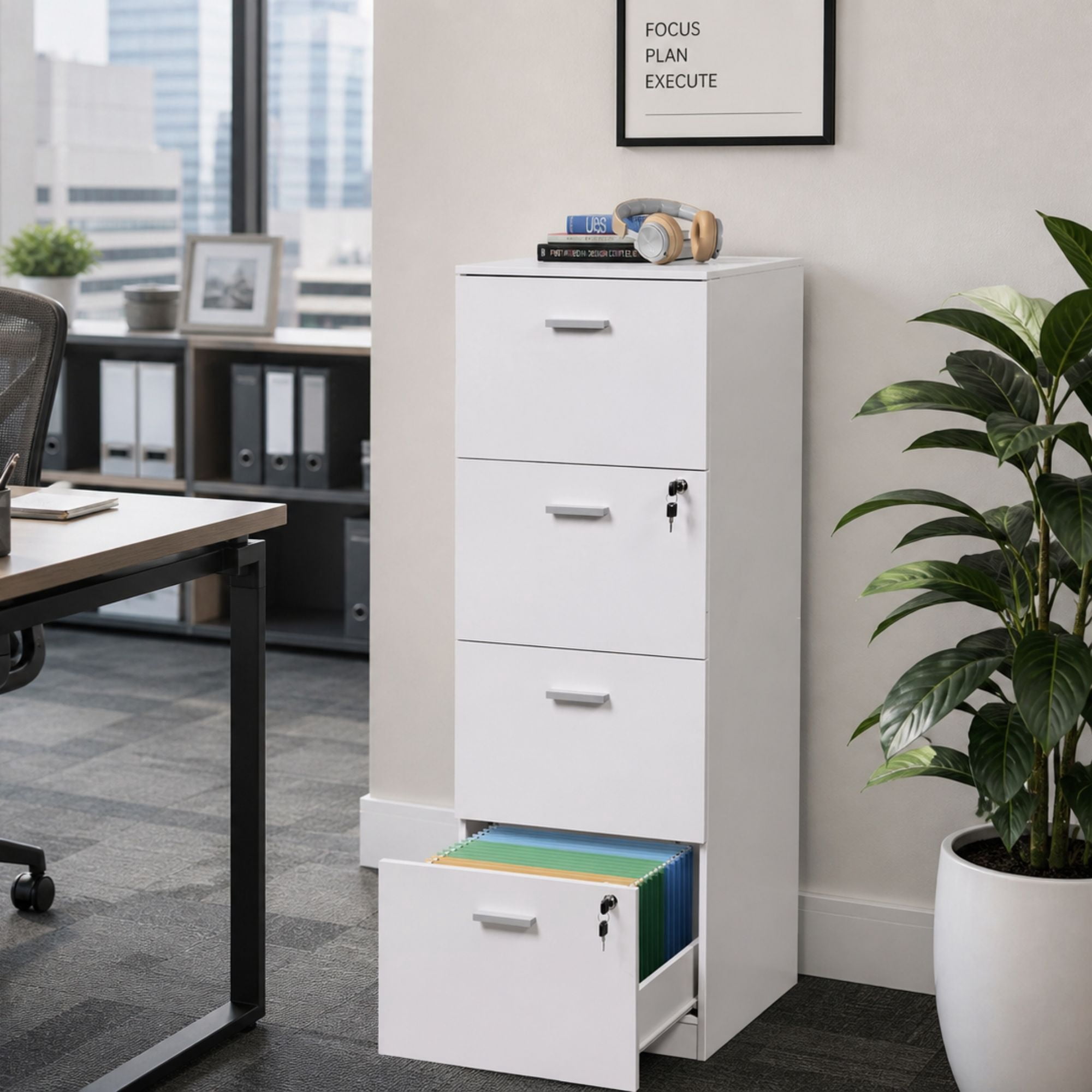 GALAXHERO 4 Drawer File Cabinet, Vertical Filing Cabinet with Lock and Key, Wood Storage Organizer for Home Office, Fit Letter/A4, White
