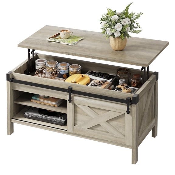 GALAXHERO 39.4" Farmhouse Large Coffee Table Lift Top Coffee Table with Hidden Storage Compartment Sliding Barn Doors Modern Wood Center Table for Living Room Grey