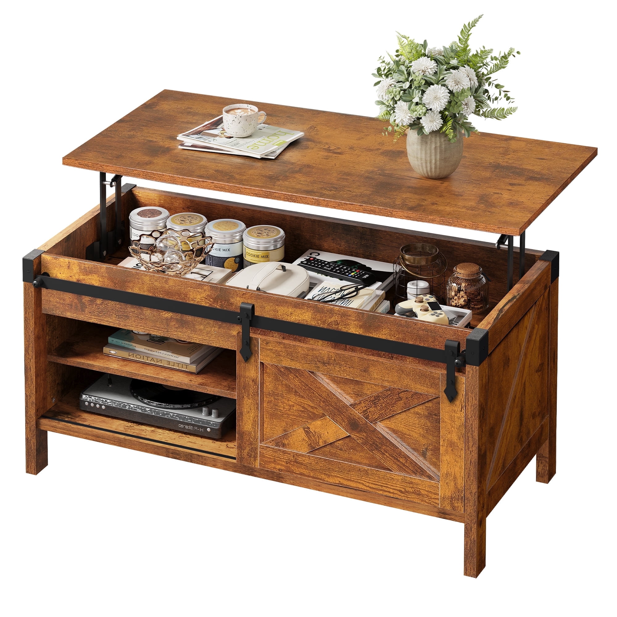 GALAXHERO 39.4" Farmhouse Large Coffee Table Lift Top Coffee Table with Hidden Storage Compartment Sliding Barn Doors Modern Wood Center Table for Living Room Rustic Brown