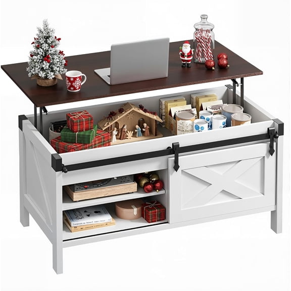 GALAXHERO 39.4" Farmhouse Coffee Table Lift Top Coffee Table with Large Hidden Storage Compartment Sliding Barn Doors Modern Wood Center Table for Living Room White
