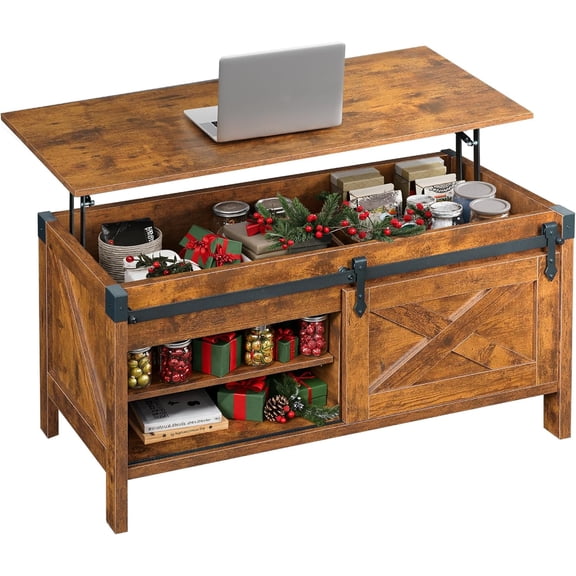 GALAXHERO 39.4" Farmhouse Coffee Table Lift Top Coffee Table with Large Hidden Storage Compartment Sliding Barn Doors Modern Wood Center Table for Living Room Rustic Brown