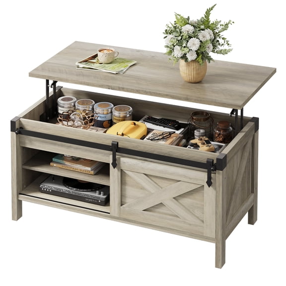 GALAXHERO 39.4" Farmhouse Large Coffee Table Lift Top Coffee Table with Hidden Storage Compartment Sliding Barn Doors Modern Wood Center Table for Living Room Grey