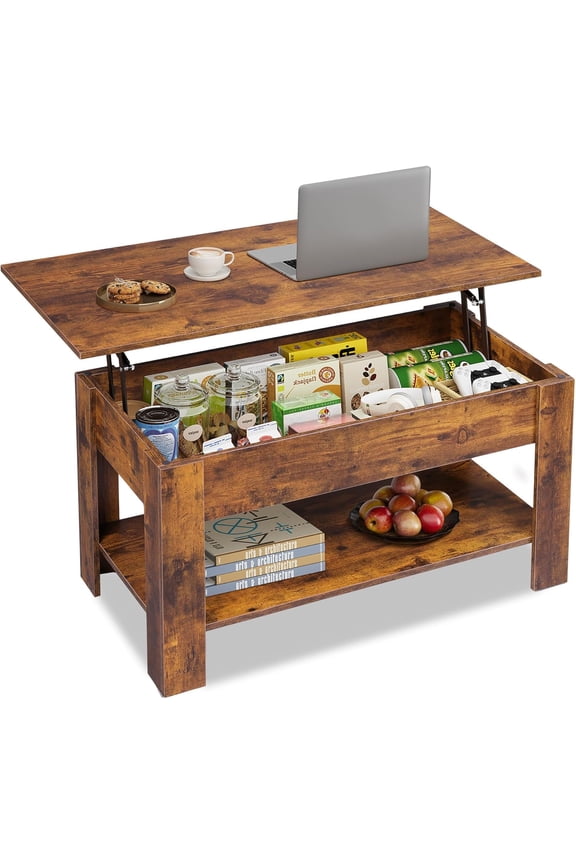 39" Lift Top Coffee Table with Storage Shelf & Hidden Compartment and Lifting Top for Home Living Room Office and Reception Room Rustic Brown