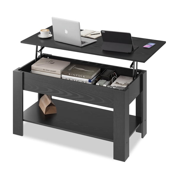 GALAXHERO 39" Coffee Table with Storage & Lift Top, , Wood-Grain Coffee Table with Hidden Compartment and Open Shelf for Living Room, Black Oak