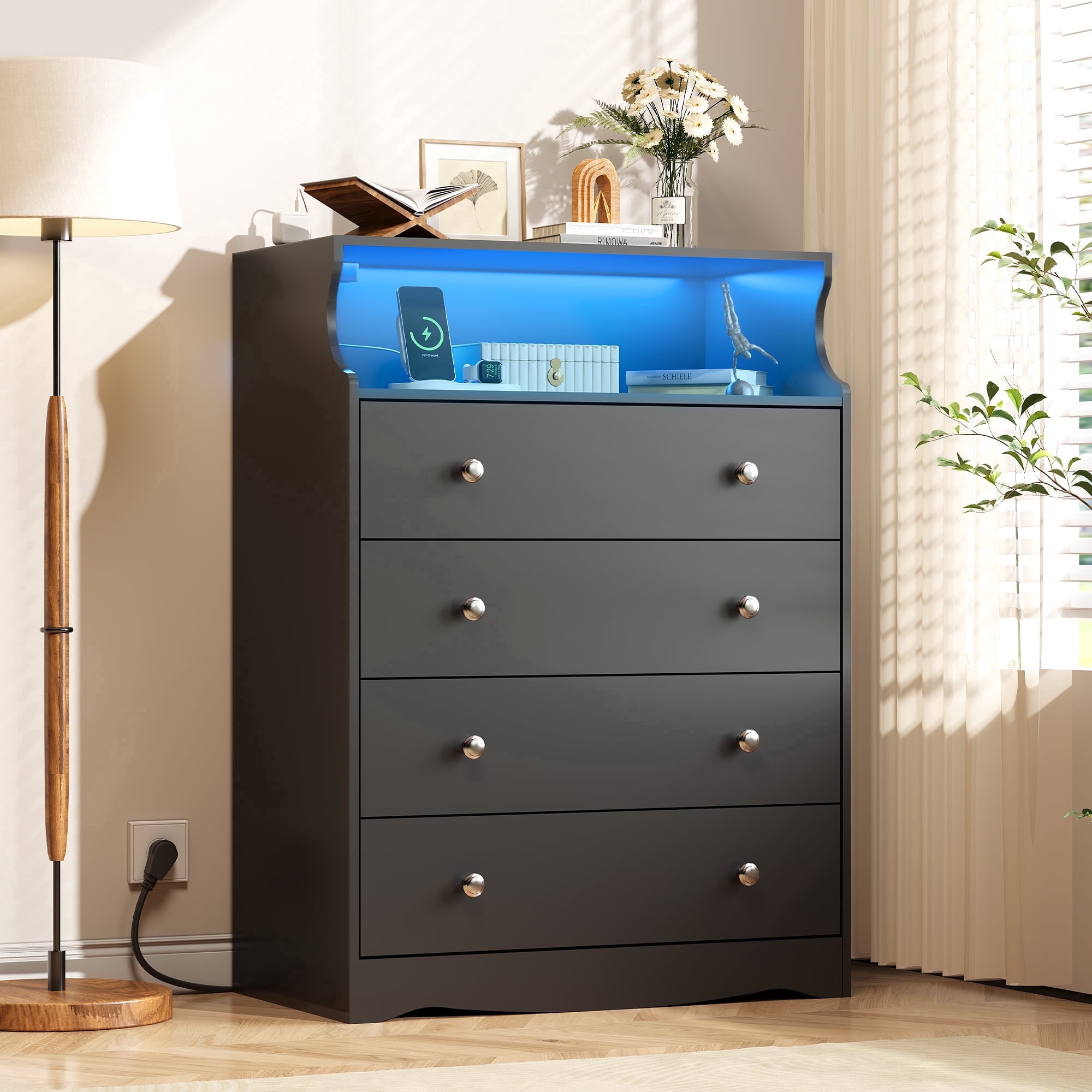 GALAXHERO 4 Drawers Dresser for Bedroom, Tall Black Dressers with  LED Open Shelf, Modern Chest of Drawers with Charging Station, Wood Closet Clothes Organizer Storage Cabinet