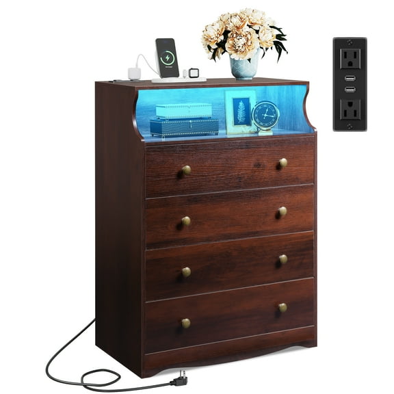 GALAXHERO 4 Drawers Dresser with LED Lights, Chest of Drawers for Bedroom, Wood Storage Cabinet with Charging Station for Living Room, Closet, Hallway, Rustic Brown
