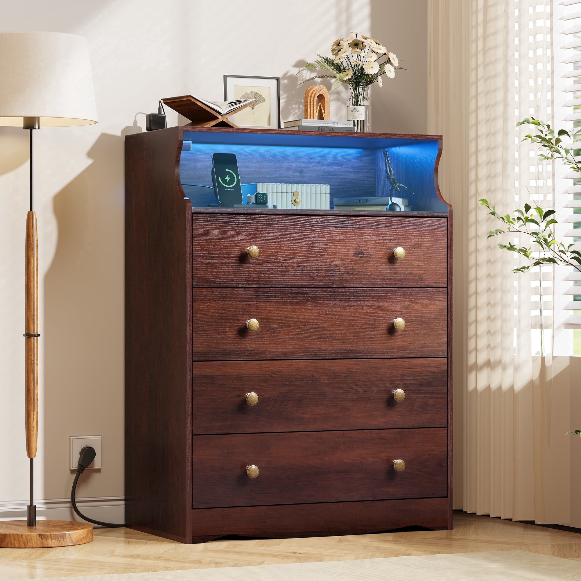 GALAXHERO 4 Drawers Dresser for Bedroom, Rustic Brown Tall Dressers with  LED Open Shelf, Modern Chest of Drawers with Charging Station, Wood Closet Clothes Organizer Storage Cabinet