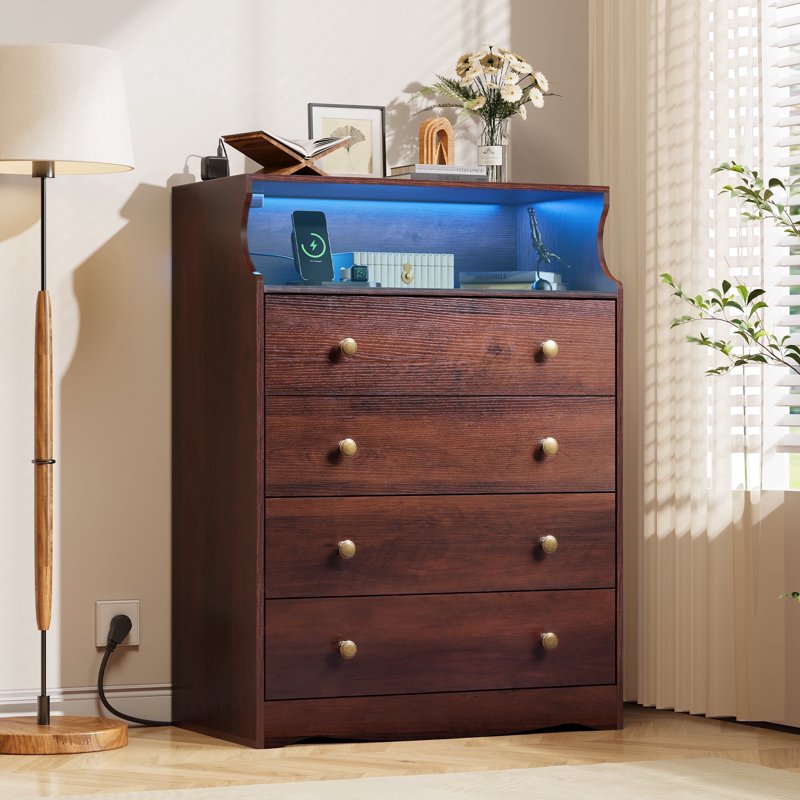 GALAXHERO 4 Drawers Dresser for Bedroom, Rustic Brown Tall Dressers with LED Open Shelf, Modern Chest of Drawers with Charging Station, Wood Closet Clothes Organizer Storage Cabinet