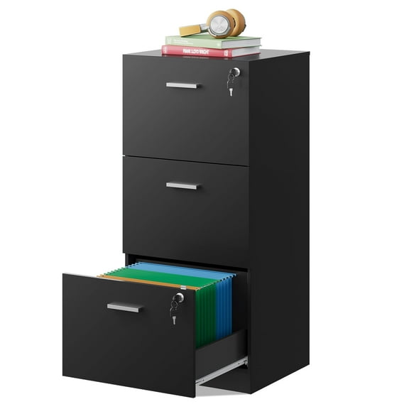 GALAXHERO 3 Drawers File Cabinets, Wood Vertical Filing Cabinet with Lock for Home Office, Letter/A4 Size, Black