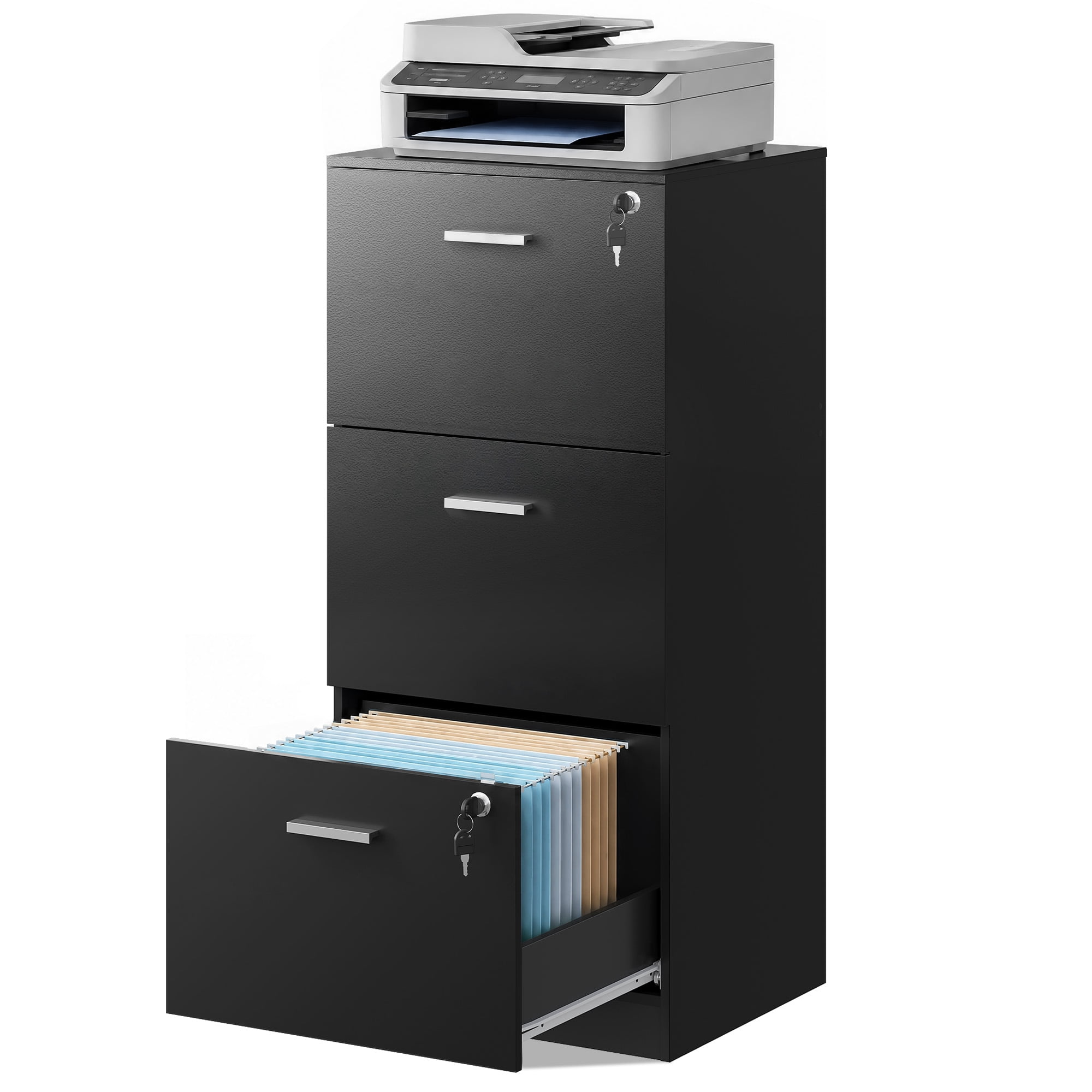 GALAXHERO 3 Drawers File Cabinets, Wood Vertical Filing Cabinet with Lock for Home Office, Letter/A4 Size, Black