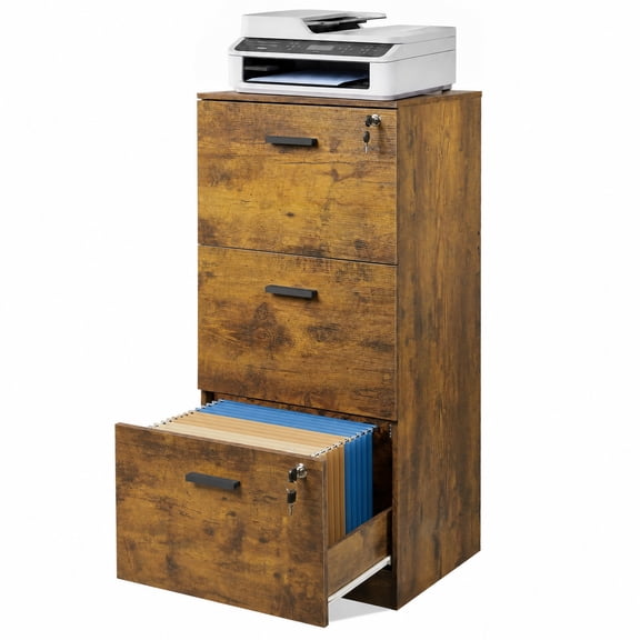GALAXHERO 3 Drawers File Cabinets, Wood Vertical Filing Cabinet with Lock for Home Office, Letter/A4 Size, Rustic Brown