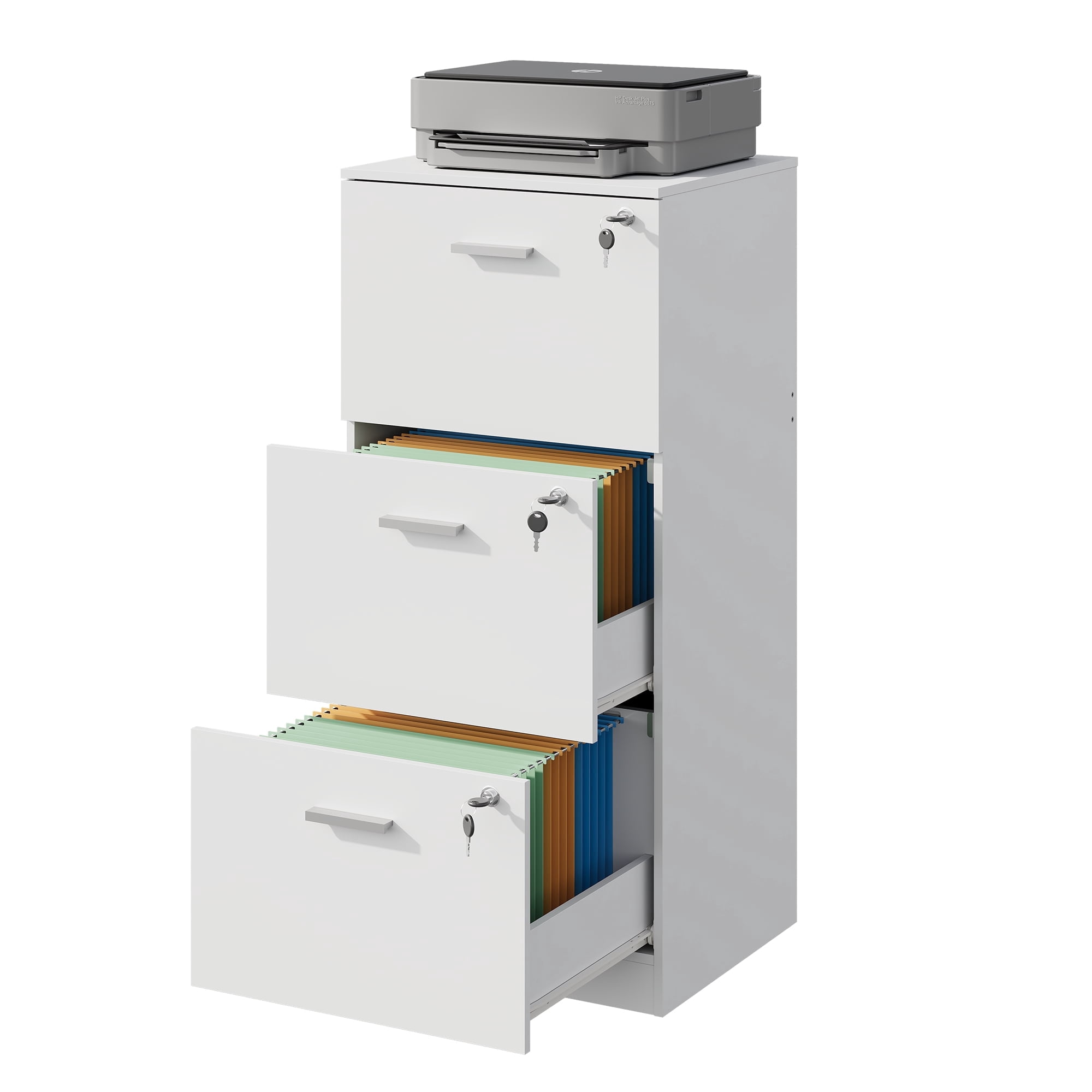 GALAXHERO 3 Drawers File Cabinets, Wood Vertical Filing Cabinet with Lock for Home Office, Letter/A4 Size, White