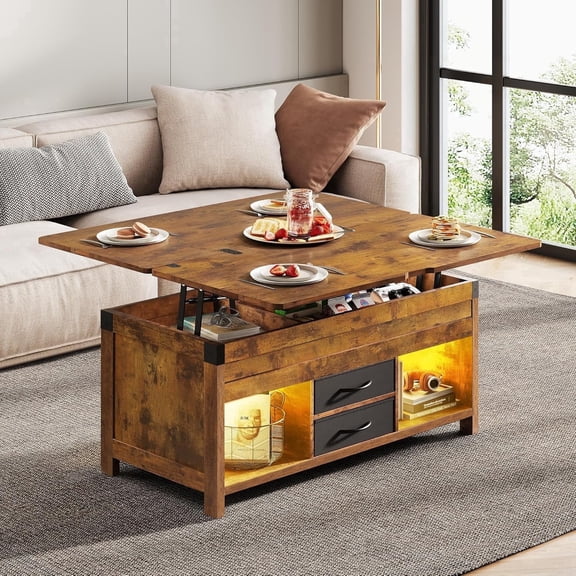 GALAXHERO 40" Lift Top Coffee Table with Storage 4 in 1 Coffee Tables with 2 Fabric Drawers LED Light and USB, Modern Coffee Table with Hidden Compartment for Living Room, Dining Room Rustic Brown