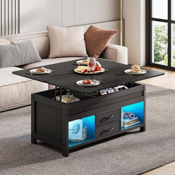 GALAXHERO 40" Lift Top Coffee Table with Storage 4 in 1 Coffee Tables with 2 Fabric Drawers LED Light and USB, Modern Coffee Table with Hidden Compartment for Living Room, Dining Room Black