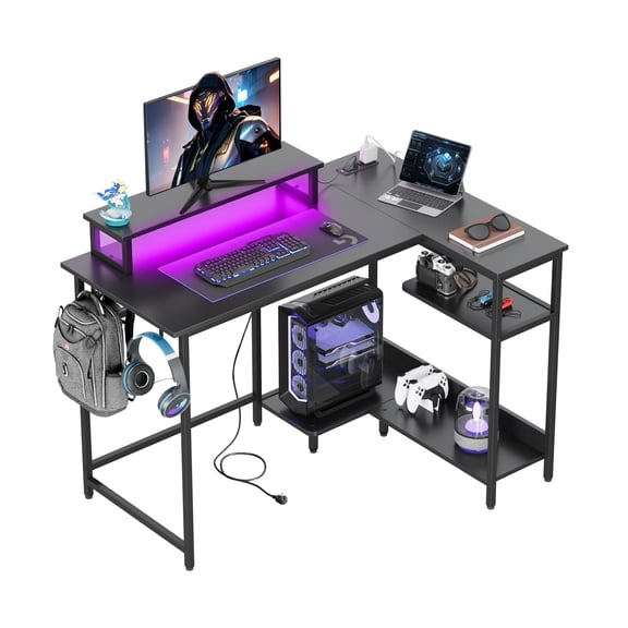 GALAXHERO 43 Inch L Shaped Gaming Desk with LED Lights & Power Outlets, Corner Desk for Small Spaces, Sturdy PC Computer Table with Storage for Home Office, Black