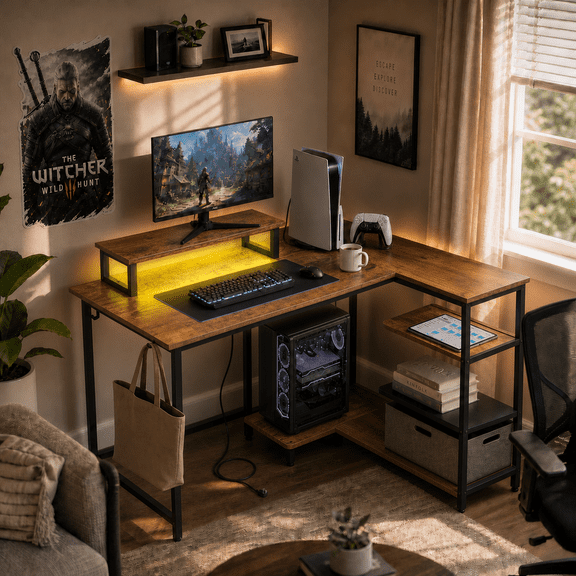 GALAXHERO 43 Inch L Shaped Gaming Desk with LED Lights & Power Outlets, Corner Computer Desk with Storage for Small Spaces, Sturdy PC Table for Home Office, Rustic Brown