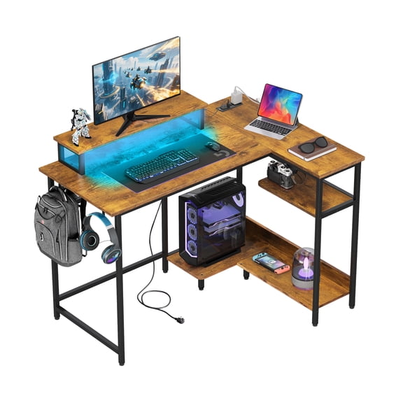 GALAXHERO 43 Inch L Shaped Gaming Desk with LED Lights & Power Outlets, Corner Desk for Small Spaces, Sturdy PC Computer Table with Storage for Home Office, Rustic Brown