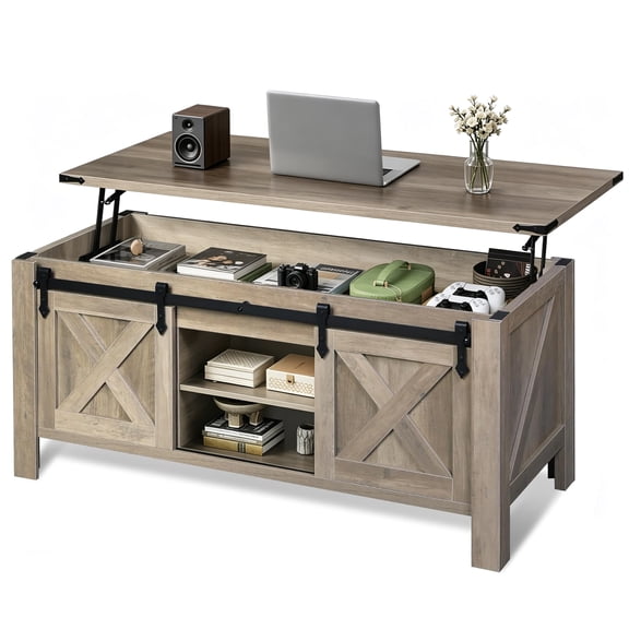 GALAXHERO 47.3" Farmhouse Lift Top Coffee Table with Sliding Barn Doors, Large Hidden Storage Compartment and Adjustable Shelf for Living Room, Office, Greige