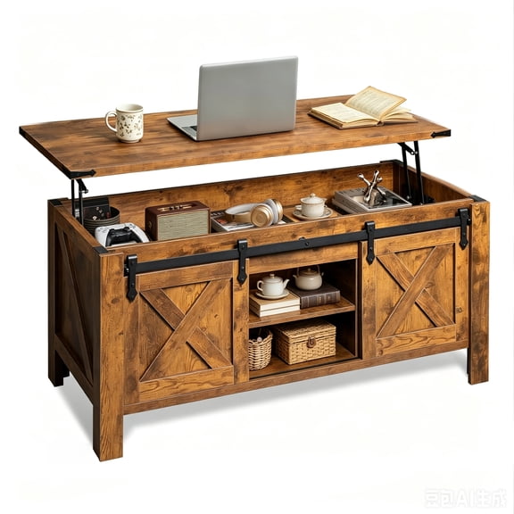 GALAXHERO 47.3" Farmhouse Lift Top Coffee Table with Sliding Barn Doors, Large Hidden Storage Compartment and Adjustable Shelf for Living Room, Office, Rustic Brown