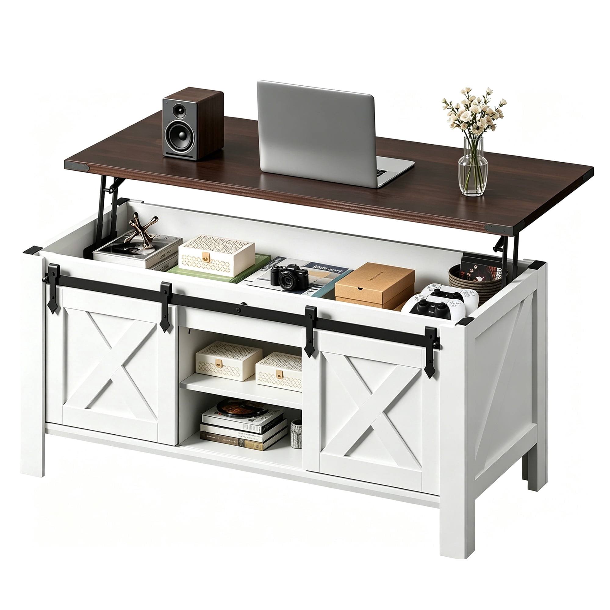 GALAXHERO 47.3" Farmhouse Lift Top Coffee Table with Sliding Barn Doors, Large Hidden Storage Compartment and Adjustable Shelf for Living Room, Office, White