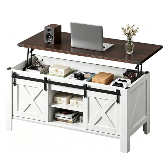 GALAXHERO 47.3" Farmhouse Lift Top Coffee Table with Sliding Barn Doors, Large Hidden Storage Compartment and Adjustable Shelf for Living Room, Office, White