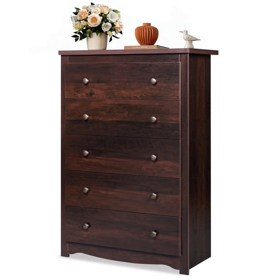 GALAXHERO 5 Drawer Dresser for Bedroom, Retro Wood Chest of Drawers, Tall Dresser with Round Metal Handle for Living Room, Hallway, Closet, Rustic Brown