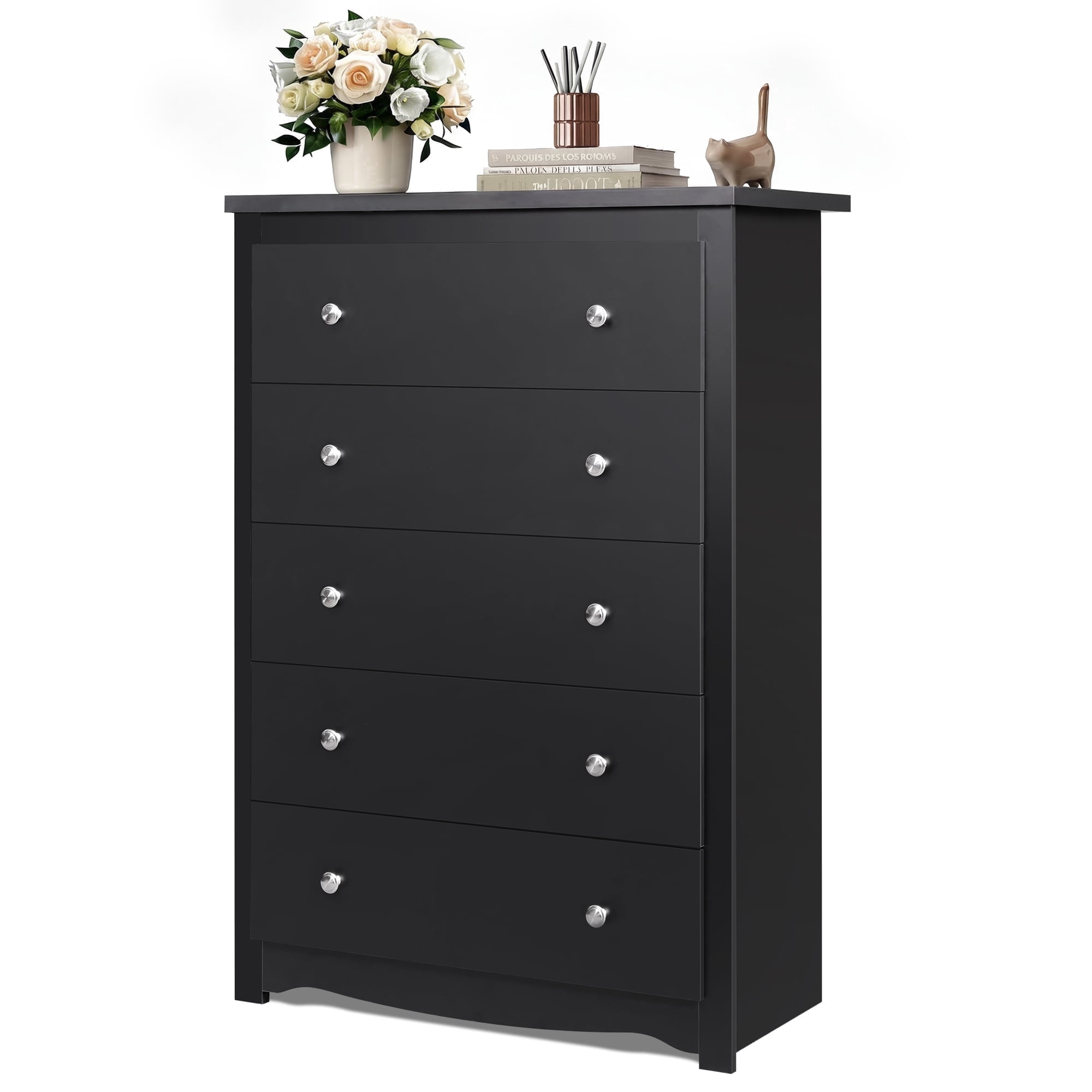 GALAXHERO 5 Drawer Dresser for Bedroom, Retro Wood Chest of Drawers, Tall Dresser with Round Metal Handle for Living Room, Hallway, Closet, Black