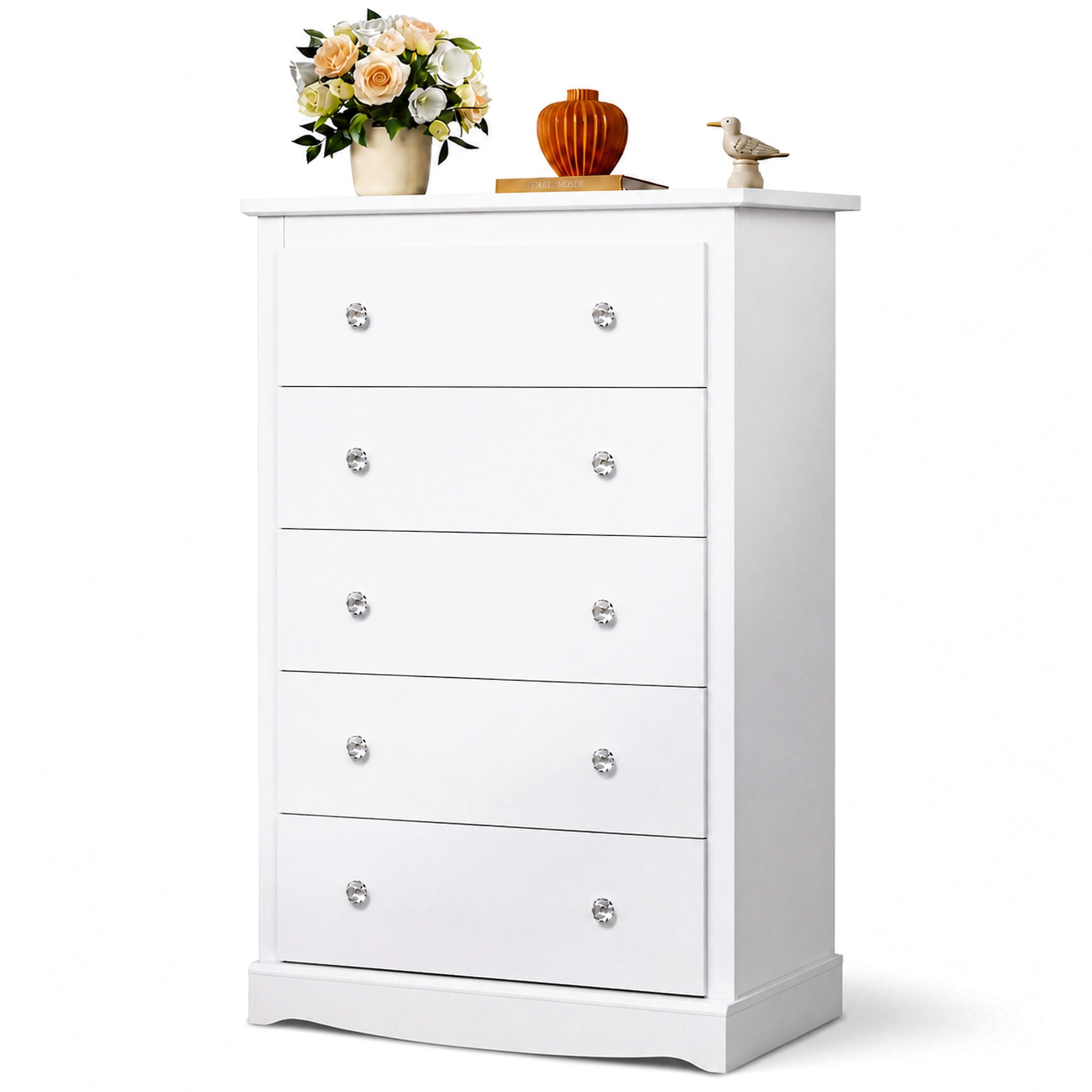 GALAXHERO 5 Drawer Dresser for Bedroom, Retro Wood Chest of Drawers, Tall Dresser with Round Metal Handle for Living Room, Hallway, Closet, White