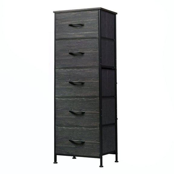 GALAXHERO 5-Drawer Tall Fabric Dresser with Wood Top, Storage Organizer Chest for Bedroom, Closet, Hallway, Sturdy Steel Frame, Charcoal Black Wood Grain Print