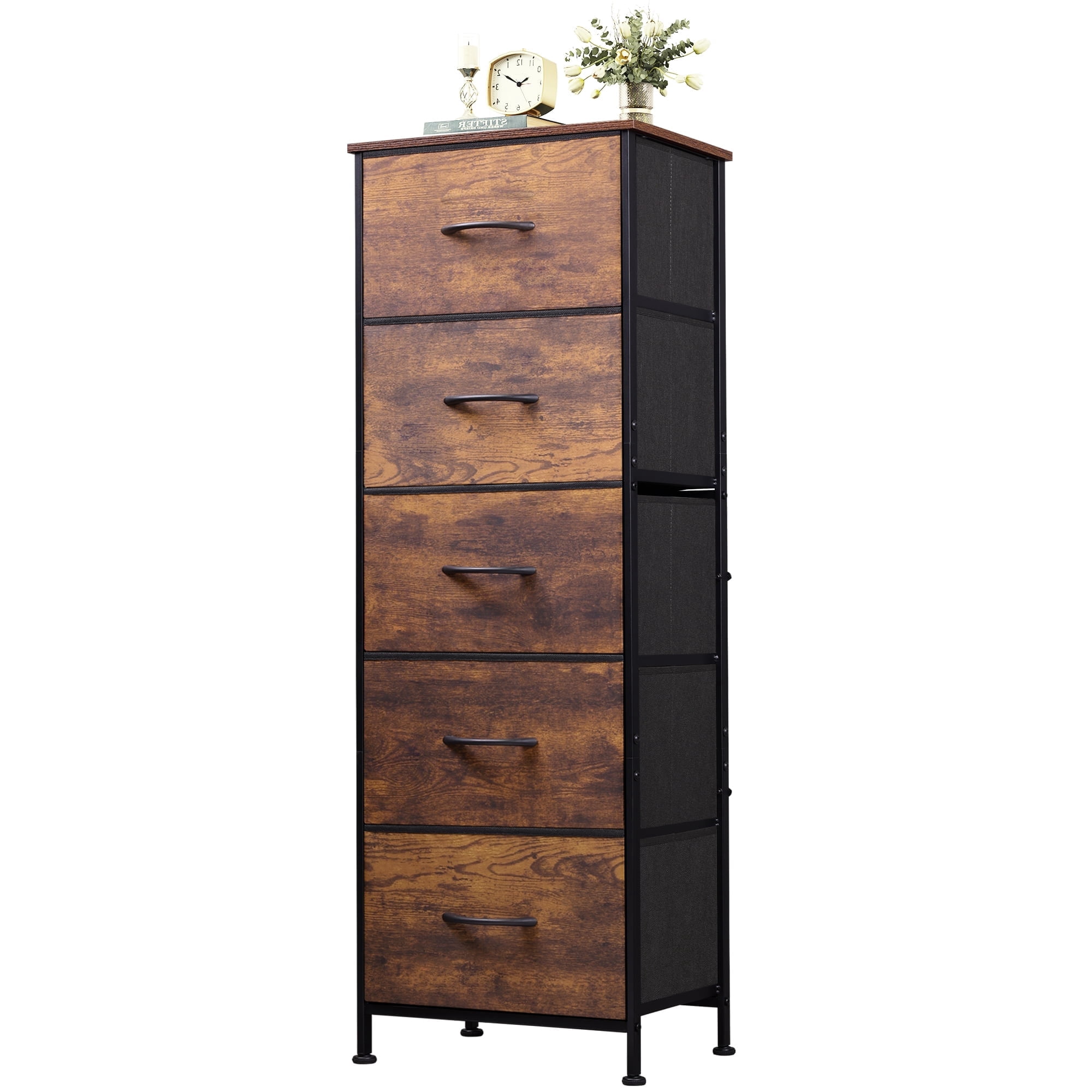 GALAXHERO 5-Drawer Tall Fabric Dresser with Wood Top, Storage Organizer Chest for Bedroom, Closet, Hallway, Sturdy Steel Frame, Rustic Brown Wood Grain Print