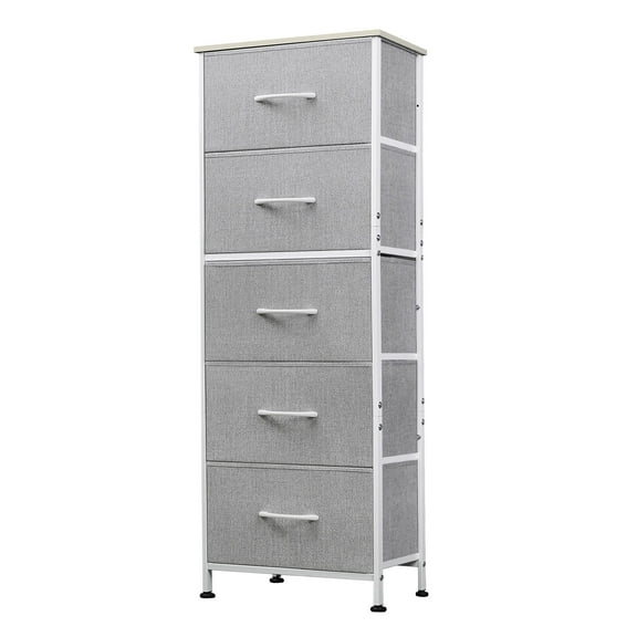 GALAXHERO 5-Drawer Tall Fabric Dresser with Wood Top, Storage Organizer Chest for Bedroom, Closet, Hallway, Sturdy Steel Frame, Light Grey