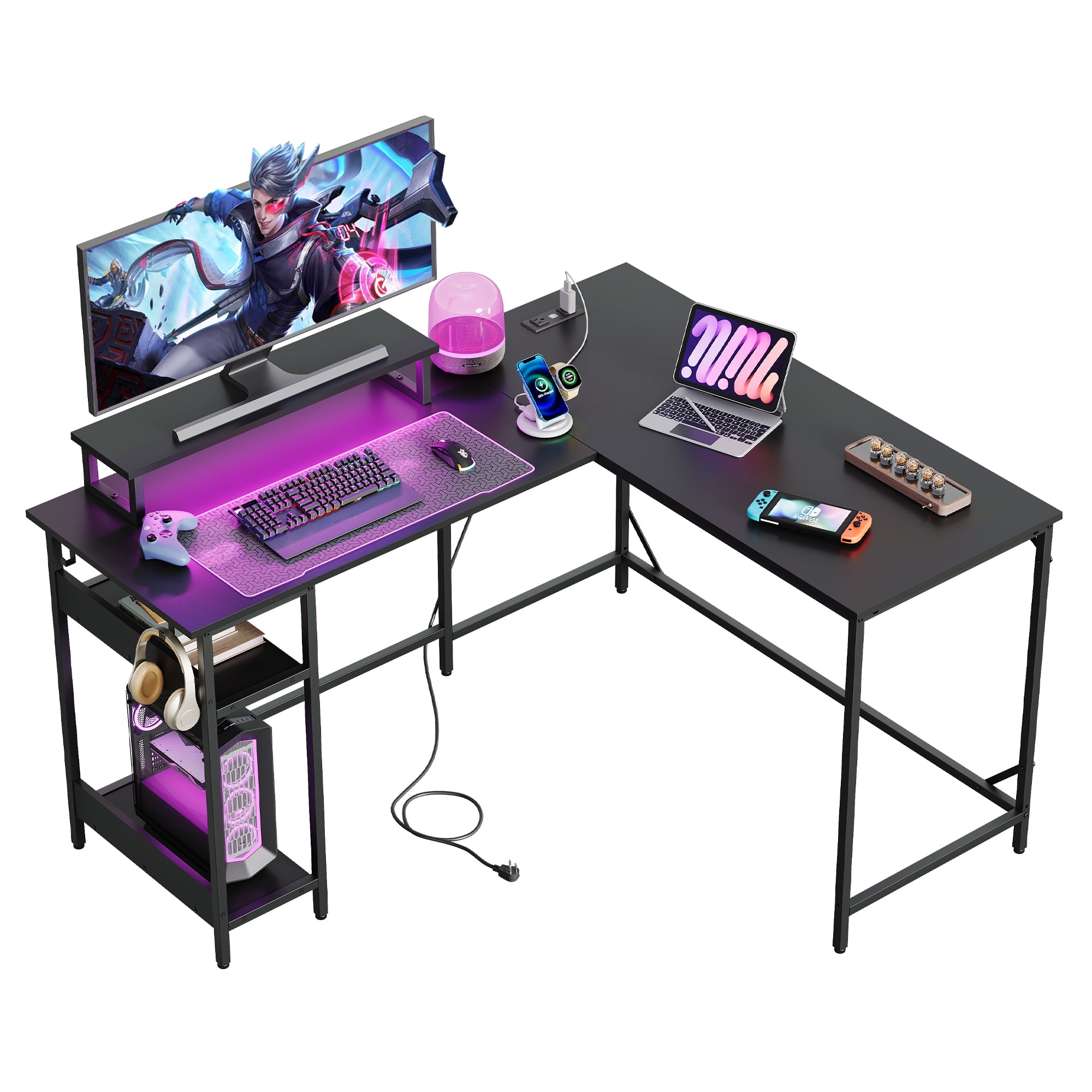 GALAXHERO 55 Inch L Shaped Gaming Desk with LED Lights & Power Outlets, Corner Desk for Small Spaces, Sturdy PC Computer Table with Storage for Home Office, Black
