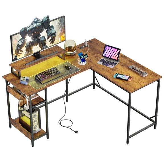 GALAXHERO 55 Inch L Shaped Gaming Desk with LED Lights & Power Outlets, Corner Desk for Small Spaces, Sturdy PC Computer Table with Storage for Home Office, Rustic Brown