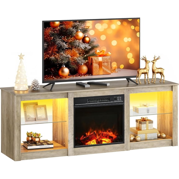GALAXHERO 58 Inches Fireplace TV Stand with LED Lights, Modern Entertainment Center with 18'' Electric Fireplace & Adjustable Glass Shelves, Sturdy Media Console for Living Room, Bedroom (Grey Oak)